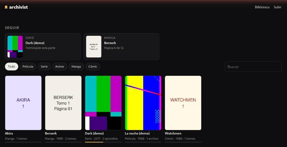 The library: a continue shelf, then every work with its progress